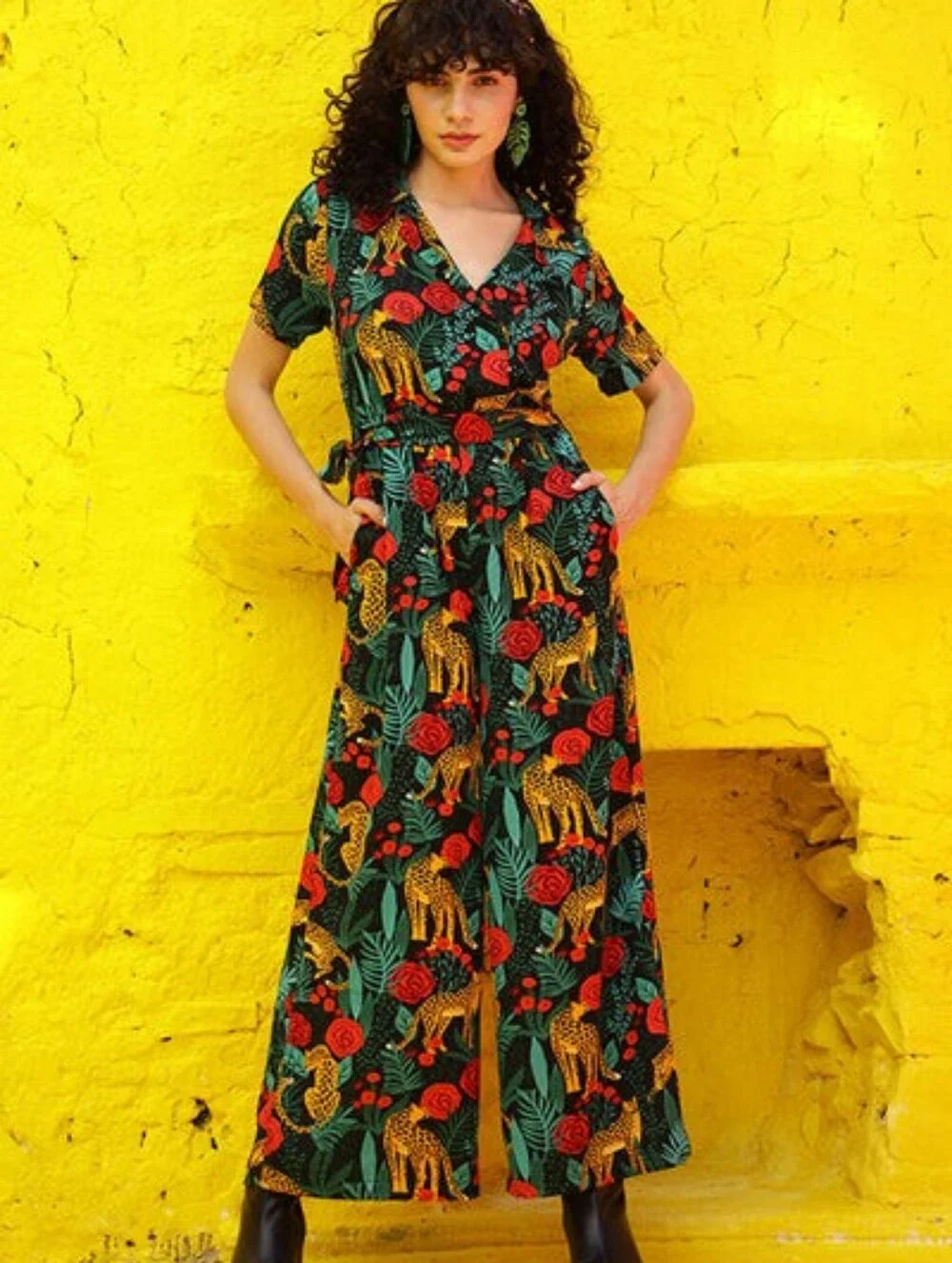 America Beyond Tropical Floral Roses + Leopard Paradise Jumpsuit